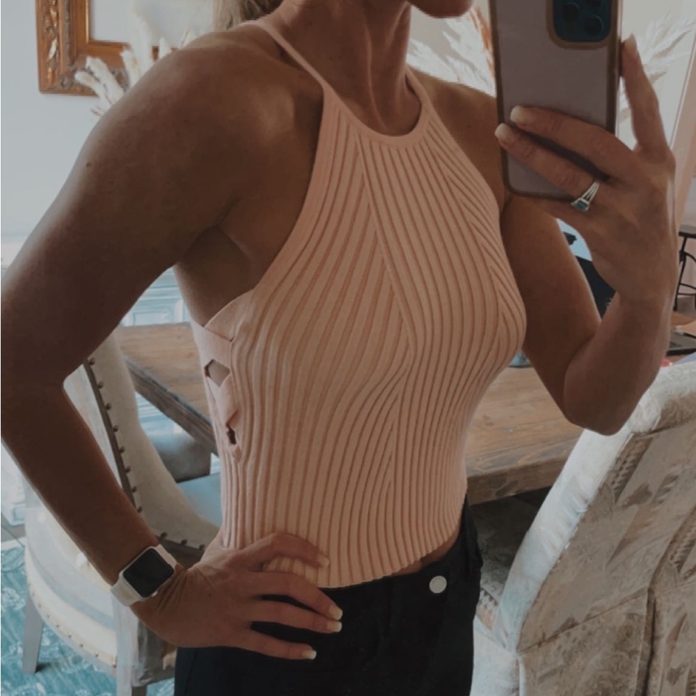 Coral pink crop top with cut out on side